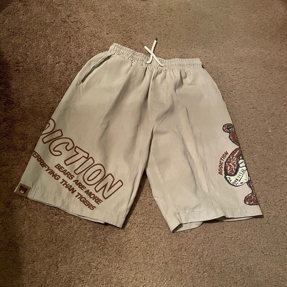 Vintage Teddy Addiction Gym Shorts Minimalist Style Drawstring Bottoms - Picture 2 of 5